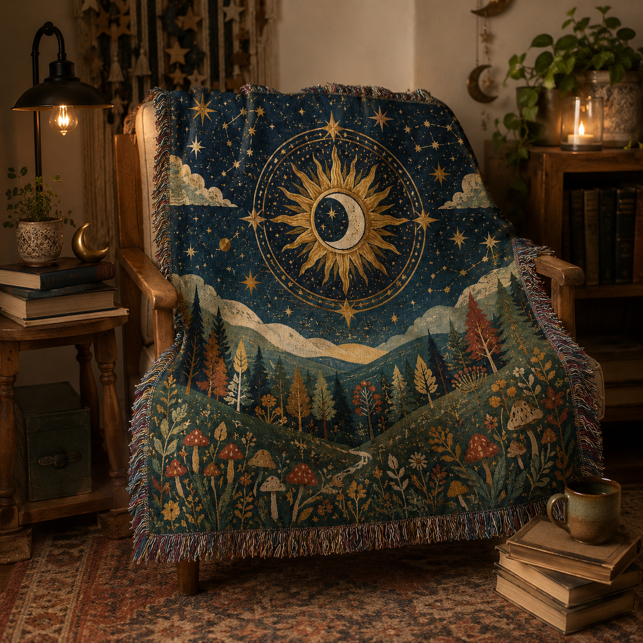 Celestial forest woven blanket displayed on a rustic reading chair