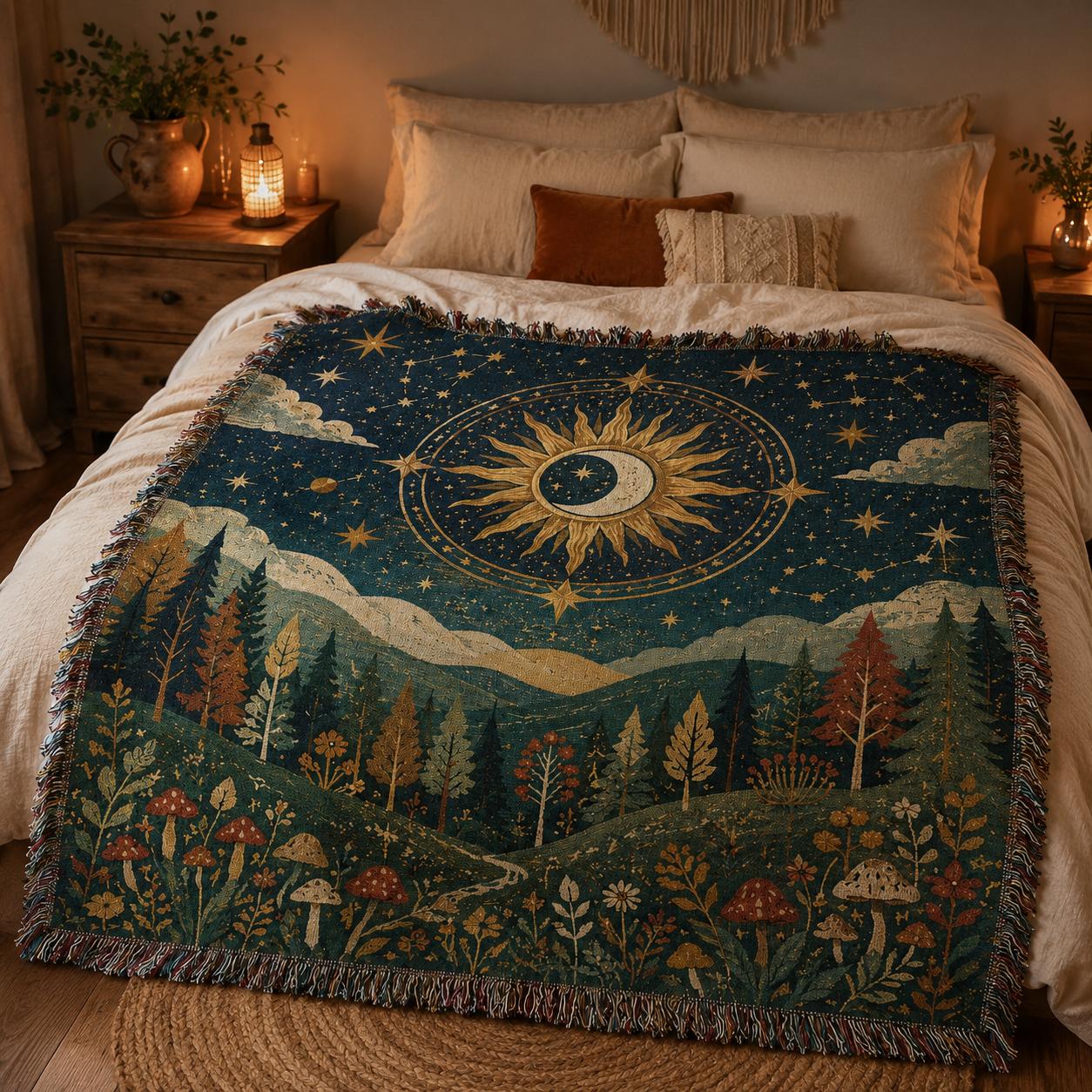 Celestial forest woven blanket styled on a warm boho bedroom bed