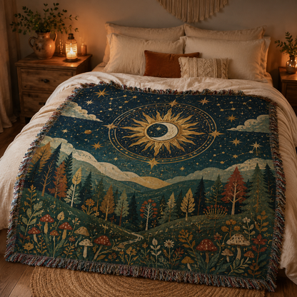 Celestial forest woven blanket styled on a warm boho bedroom bed