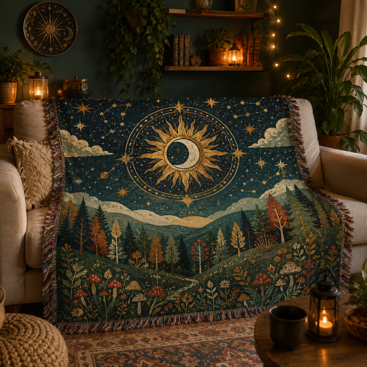 Celestial forest woven blanket draped over a cozy living room sofa