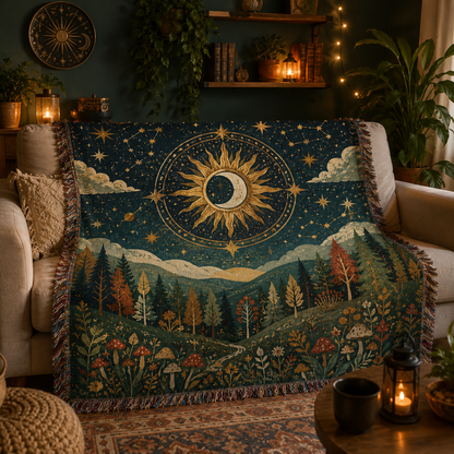 Celestial forest woven blanket draped over a cozy living room sofa
