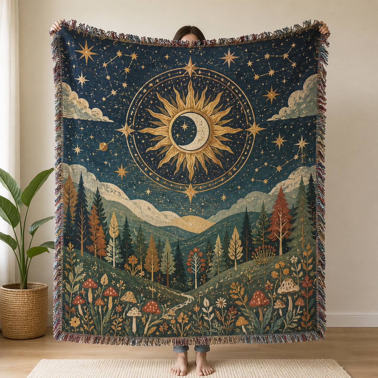 Celestial forest woven blanket with sun, moon, stars, mountains, trees, and mushrooms