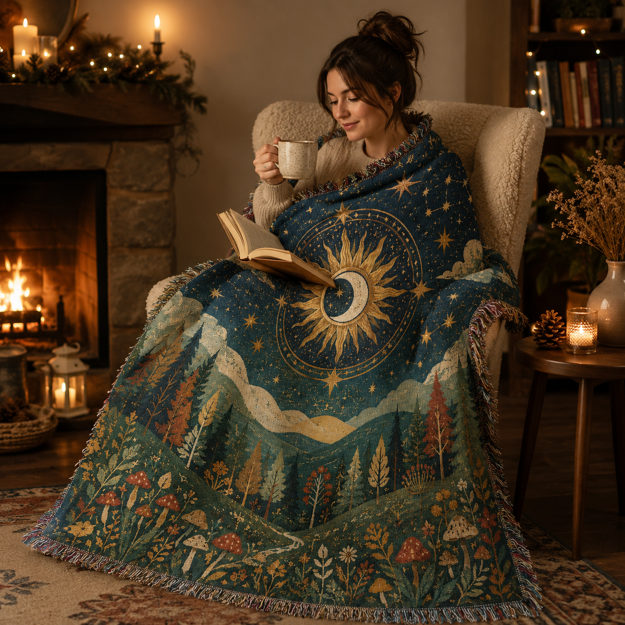 Woman reading by a fireplace wrapped in a celestial forest woven blanket