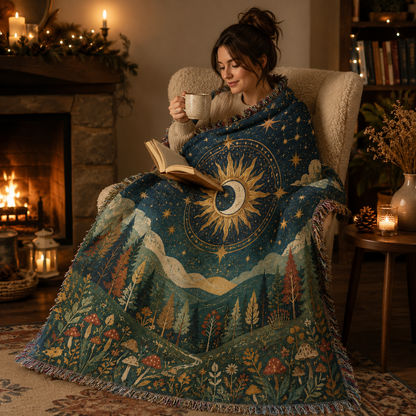 Woman reading by a fireplace wrapped in a celestial forest woven blanket