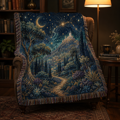 Celestial fantasy woven blanket in a reading nook