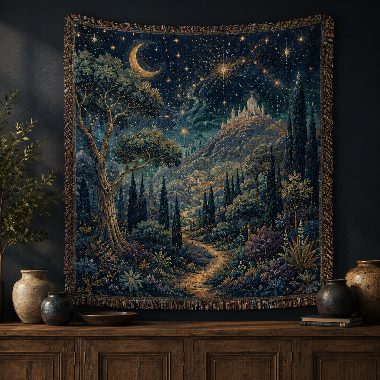 Celestial fantasy woven blanket displayed as wall decor