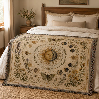 Celestial herbarium woven blanket styled across a cozy neutral bed in a warm bedroom