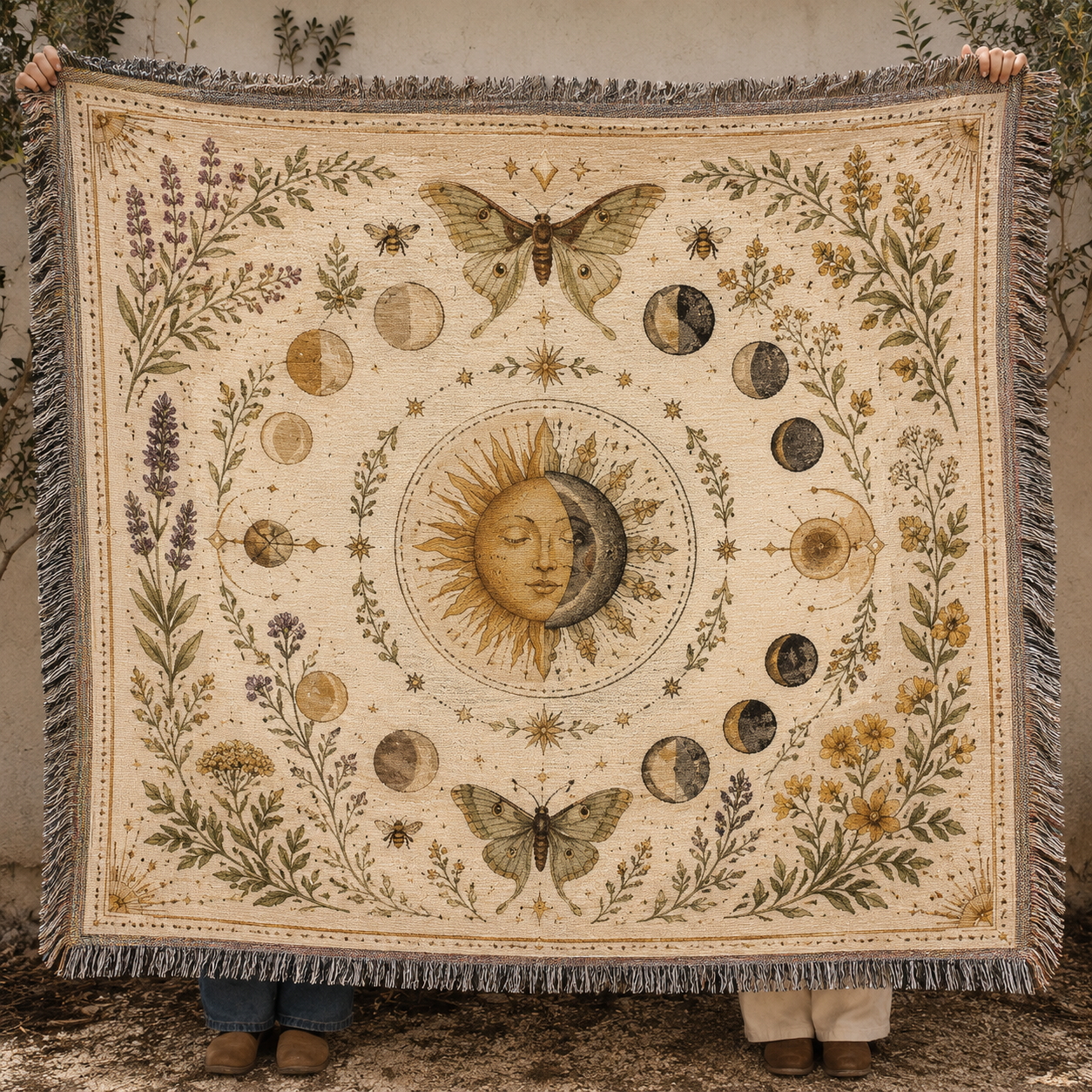 Celestial herbarium woven blanket with sun moon phases moths bees and botanical artwork held outdoors