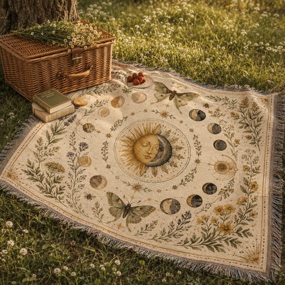 Celestial botanical woven blanket styled outdoors with woven basket and wildflowers