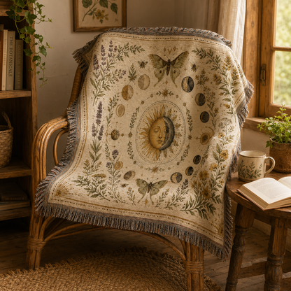 Celestial herbarium woven blanket draped over a wicker reading chair in a cozy botanical nook