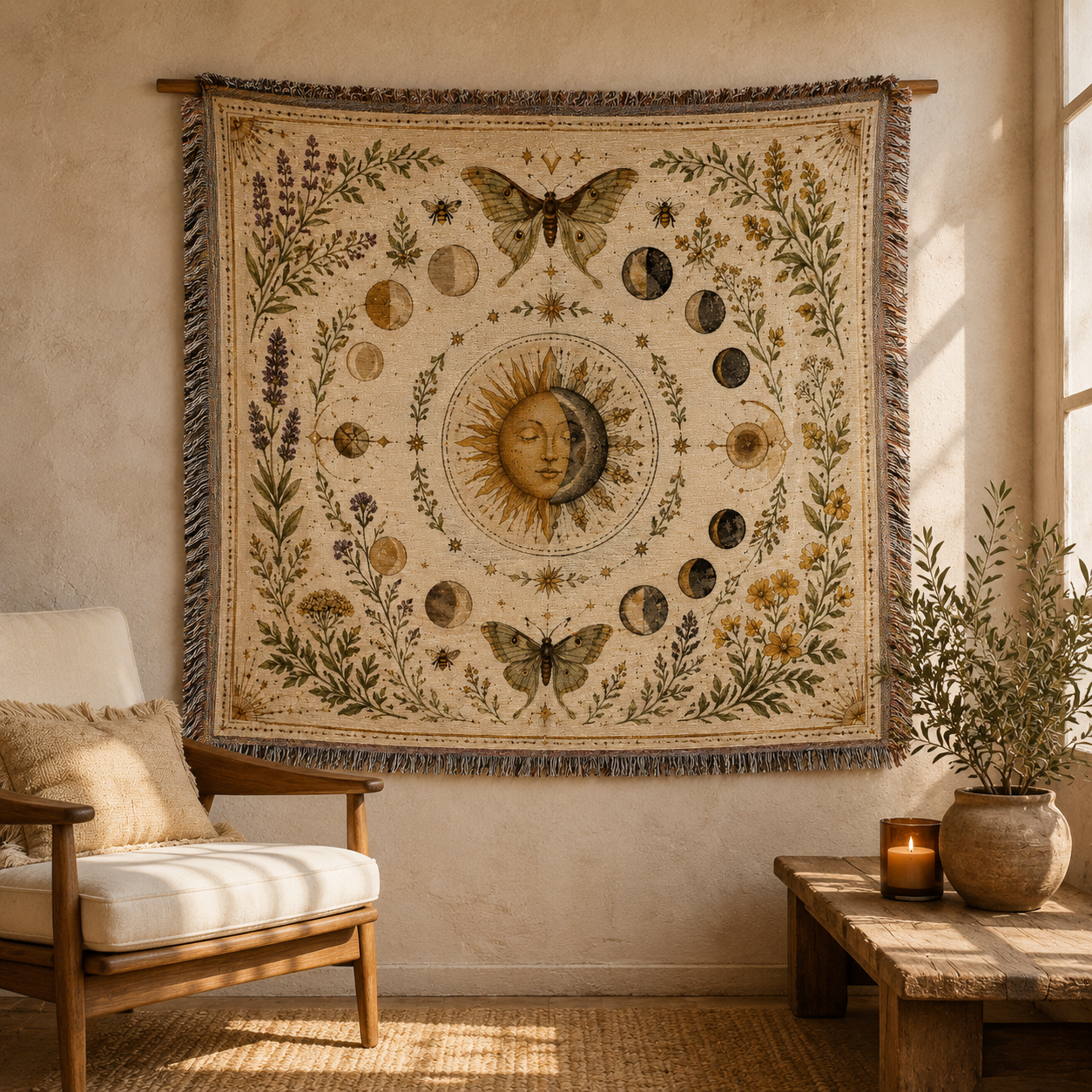 Celestial herbarium woven blanket displayed as sunlit wall tapestry in a warm rustic room
