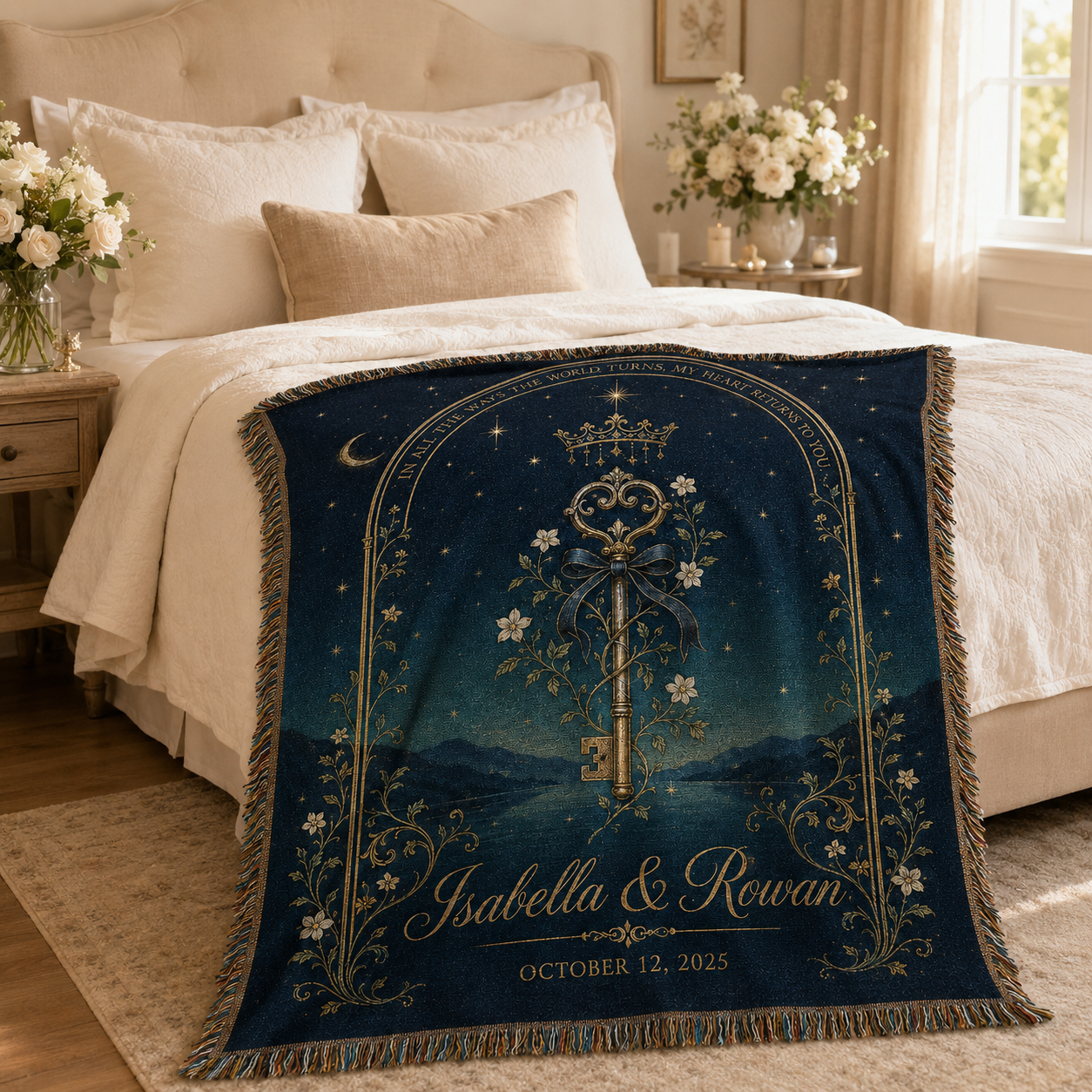 Personalized celestial key wedding woven blanket styled on a romantic neutral bed