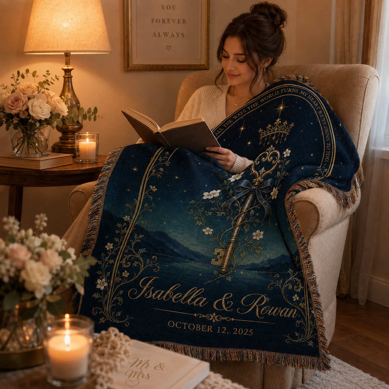 Cozy reading nook with personalized celestial key wedding woven blanket