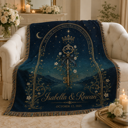 Personalized celestial wedding woven blanket softly draped on an ivory sofa