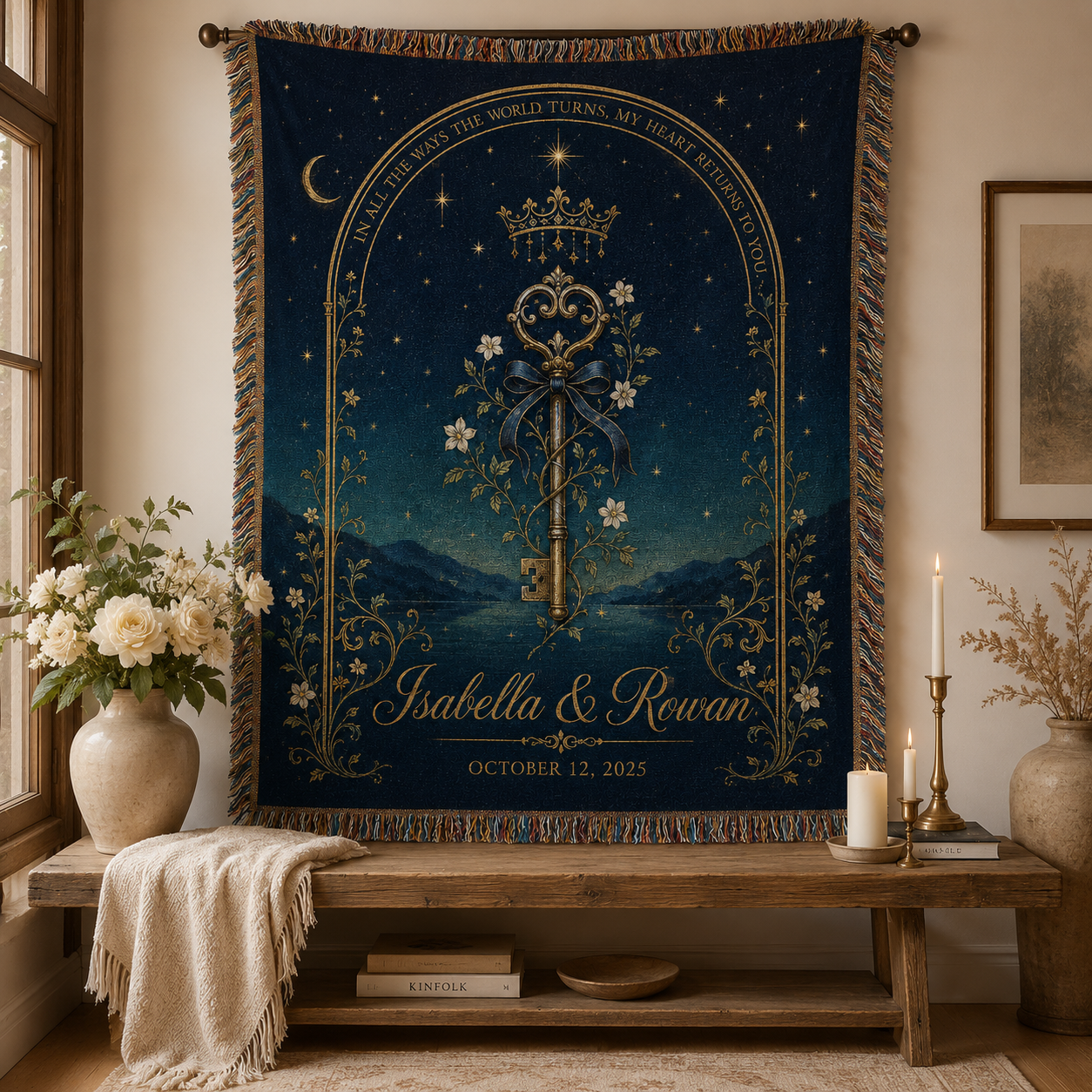 Personalized celestial key wedding woven blanket displayed as elegant wall decor