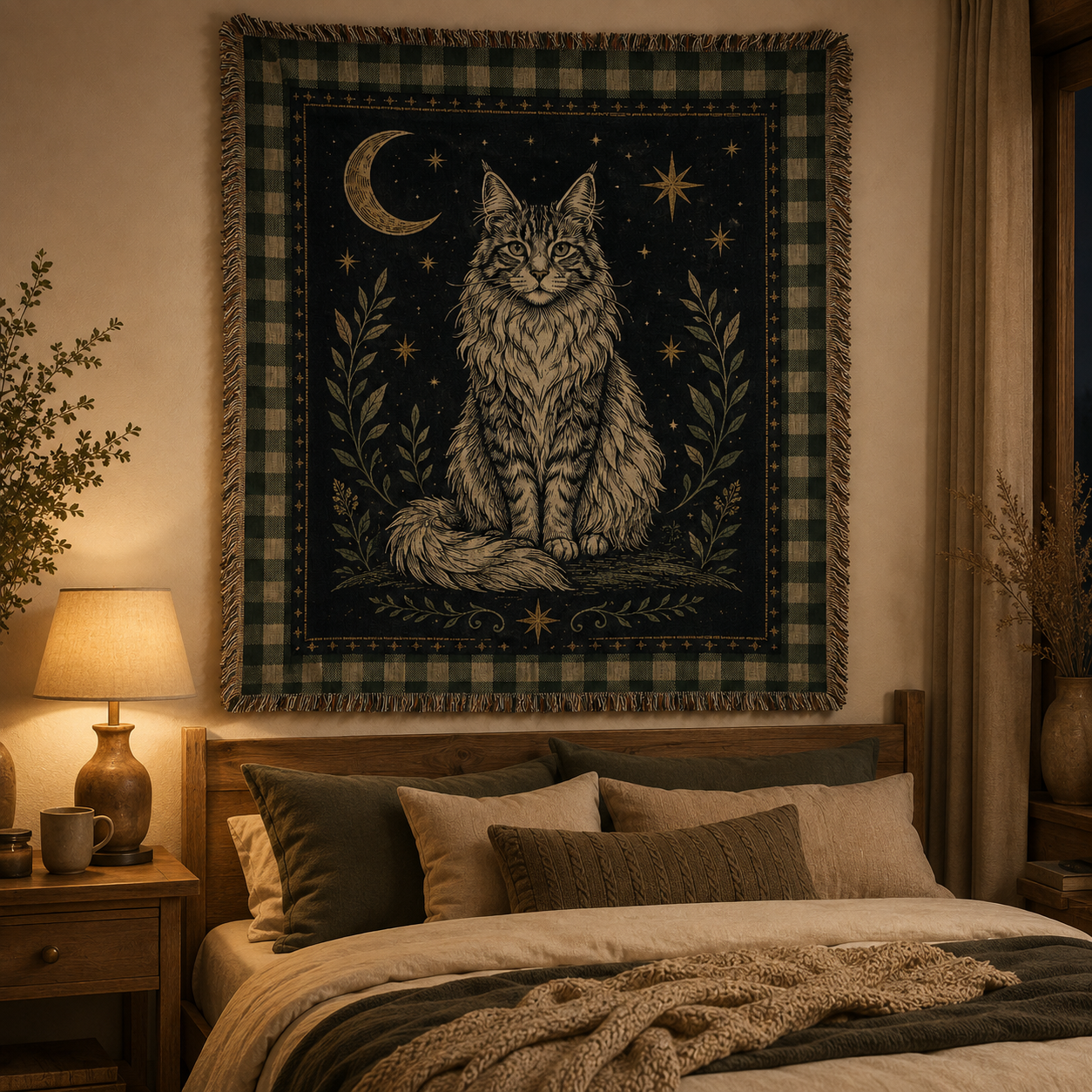 Celestial Maine Coon woven blanket displayed above a warm rustic bedroom bed