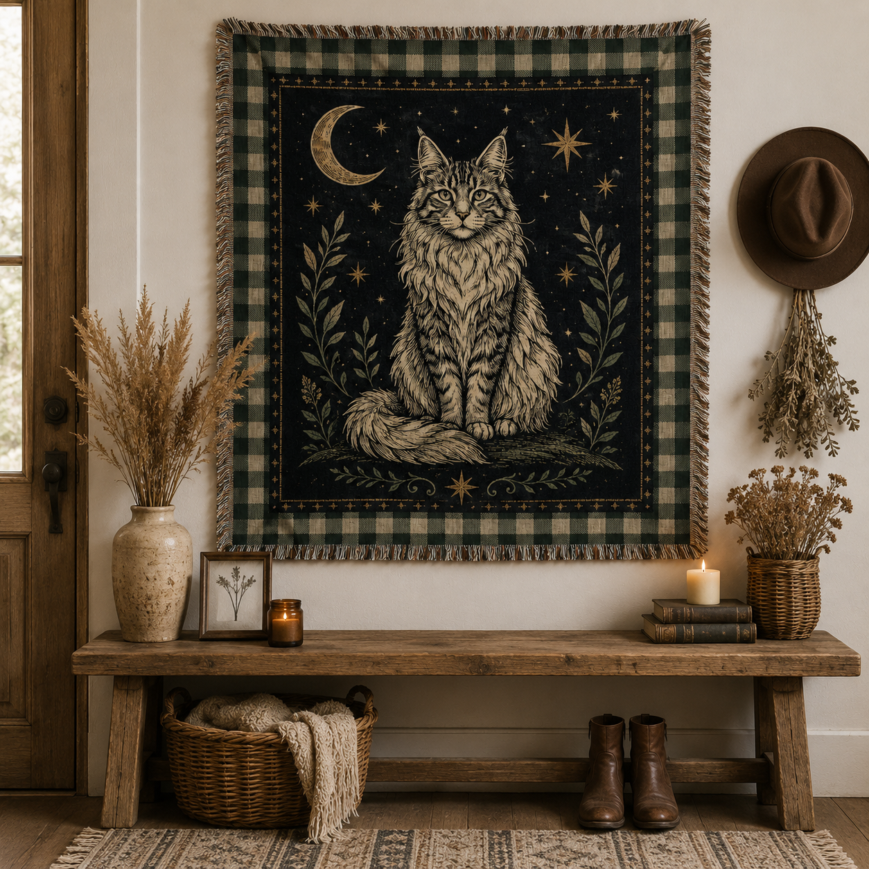 Celestial Maine Coon woven tapestry styled above a rustic entryway bench