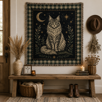 Celestial Maine Coon woven tapestry styled above a rustic entryway bench