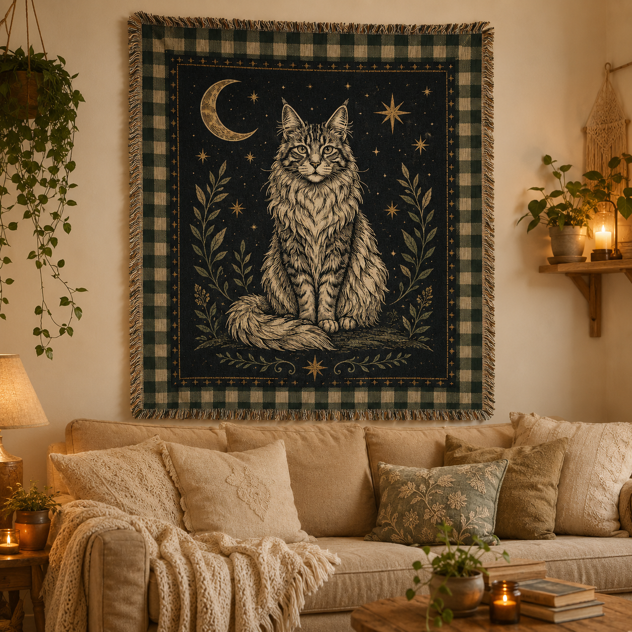 Celestial Maine Coon woven tapestry displayed above a cozy boho living room sofa