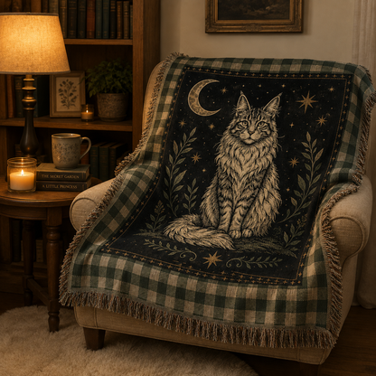 Celestial Maine Coon woven blanket draped over an armchair in a cozy reading nook