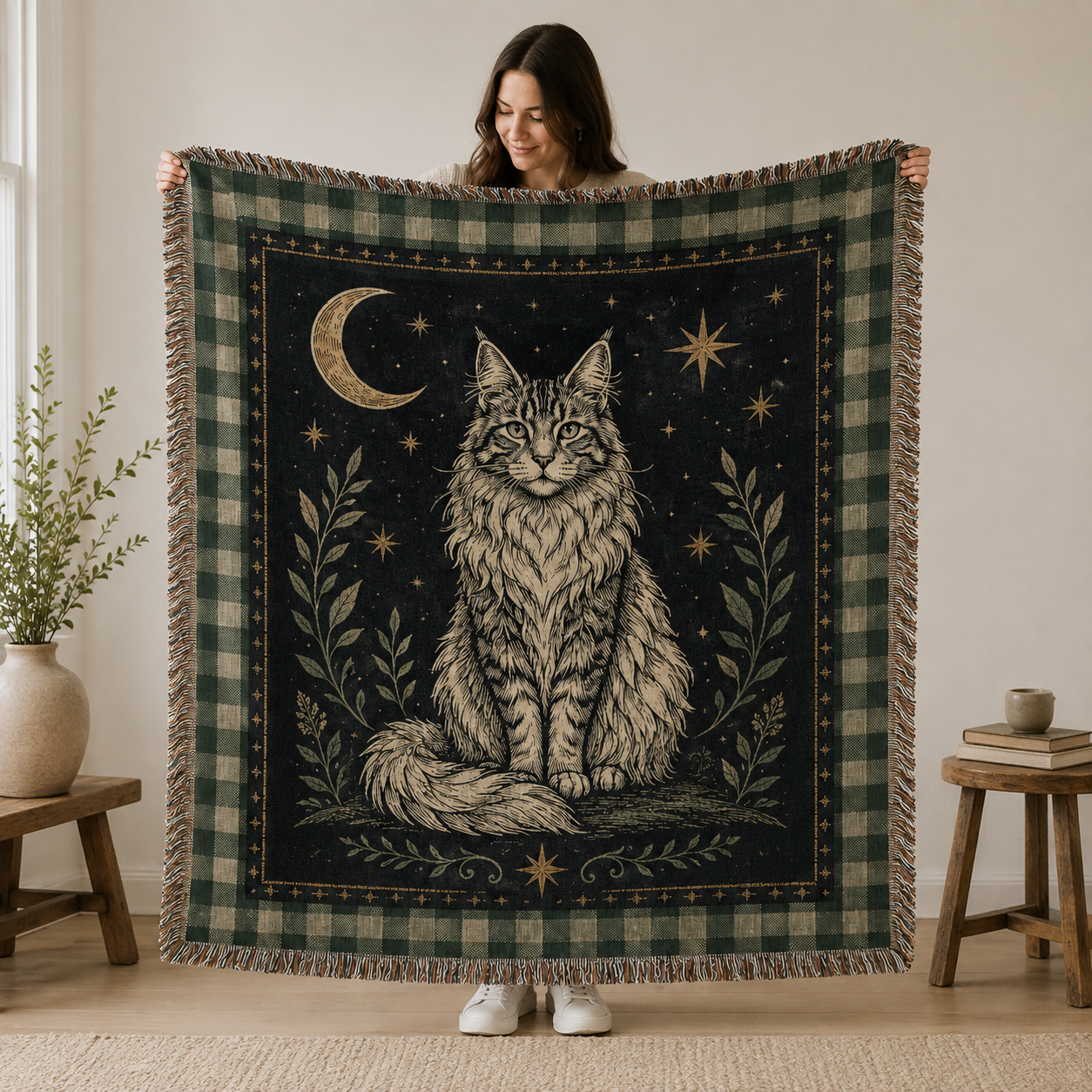 Woman holding a celestial Maine Coon woven blanket to show size and scale