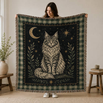 Woman holding a celestial Maine Coon woven blanket to show size and scale