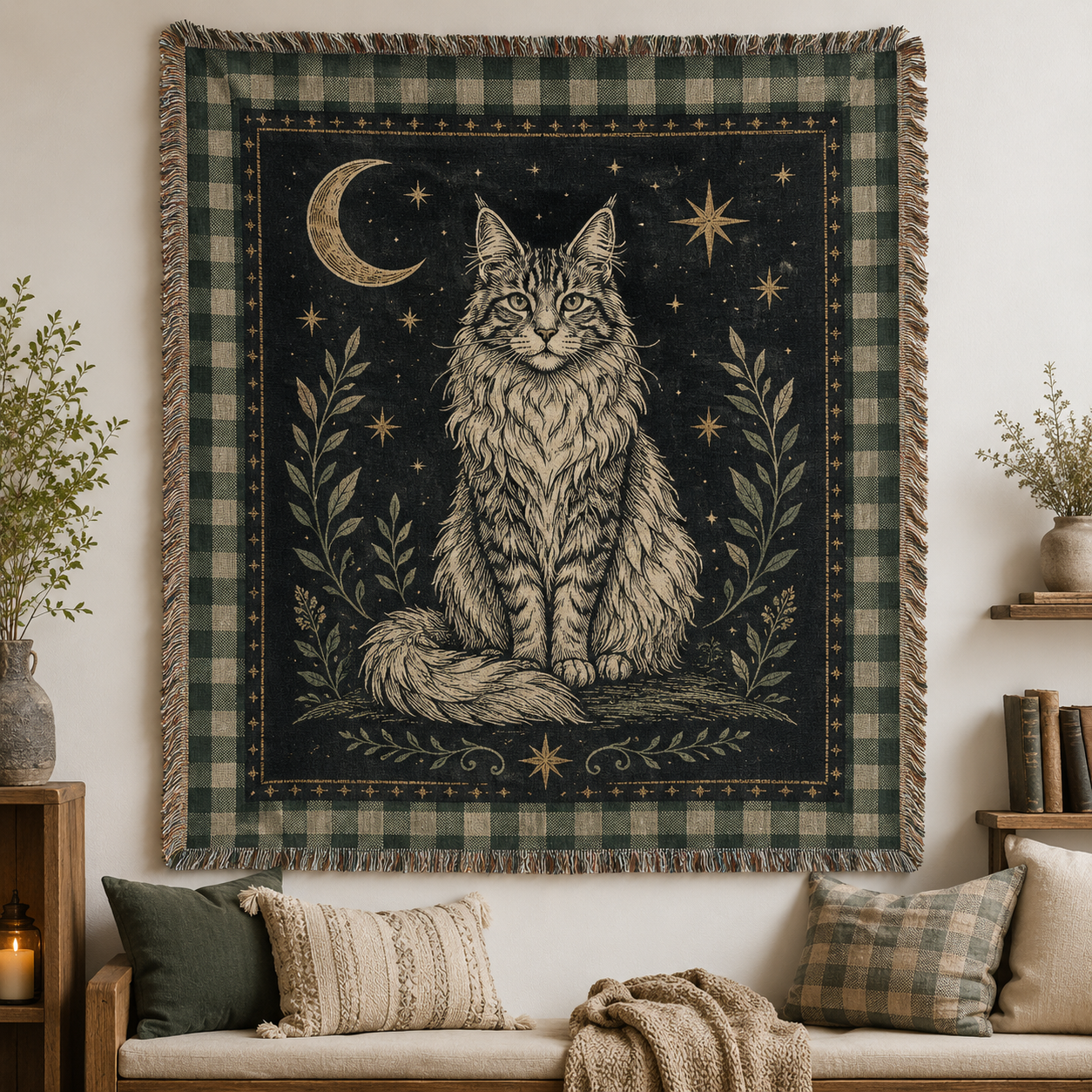 Celestial Maine Coon woven blanket with moon stars botanical accents and fringe