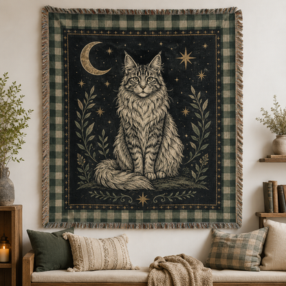 Celestial Maine Coon woven blanket with moon stars botanical accents and fringe