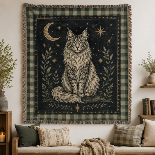 Celestial Maine Coon woven blanket with moon stars botanical accents and fringe