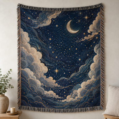 Celestial crescent moon and clouds woven blanket displayed as wall tapestry