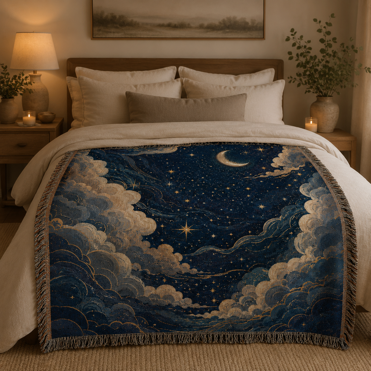 Celestial crescent moon woven blanket styled across a cozy bedroom bed