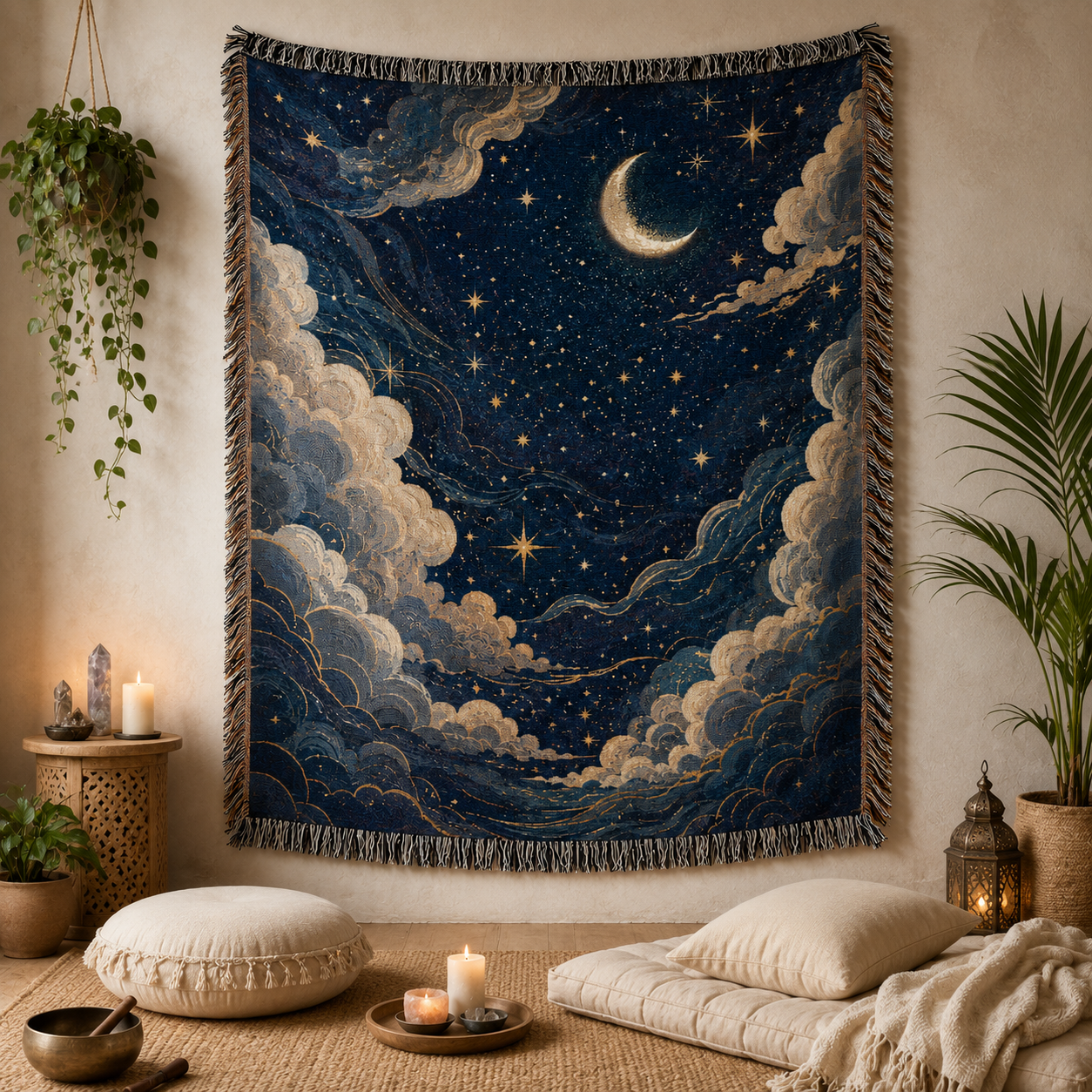Celestial crescent moon woven blanket displayed in a peaceful meditation room