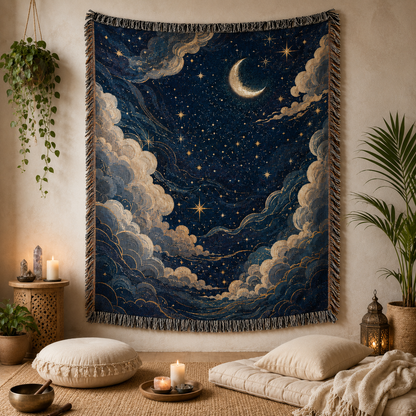 Celestial crescent moon woven blanket displayed in a peaceful meditation room