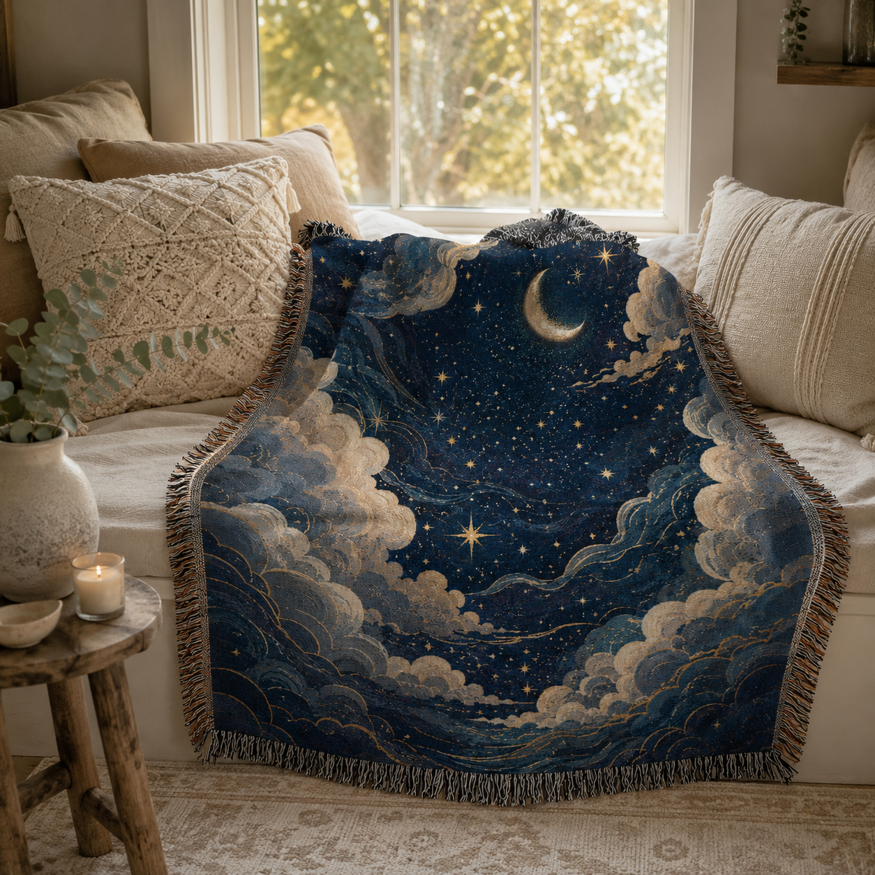 Celestial crescent moon woven blanket styled in a cozy window seat nook