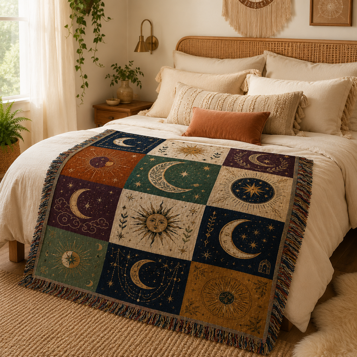 Celestial patchwork woven throw displayed across a boho bed