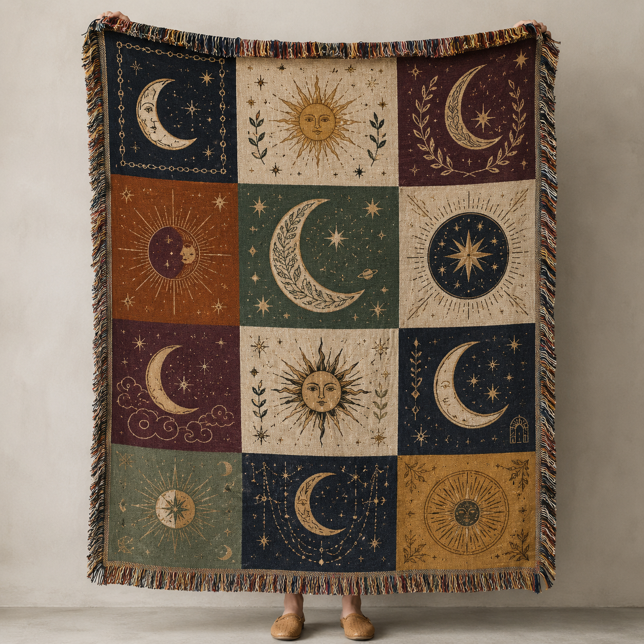 Celestial patchwork woven blanket with sun moon and star motifs