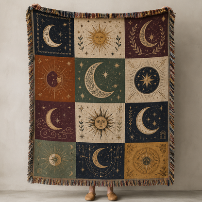 Celestial patchwork woven blanket with sun moon and star motifs