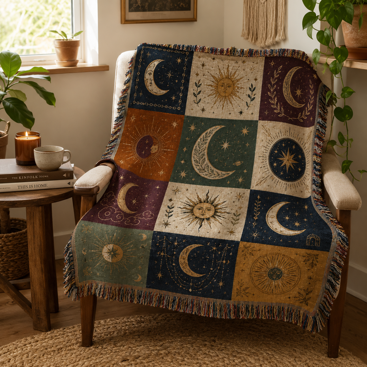 Celestial woven blanket draped over an armchair in a cozy reading nook