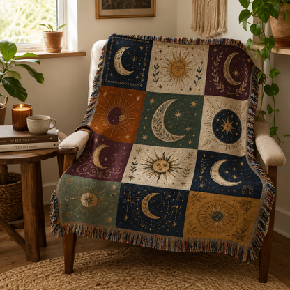 Celestial woven blanket draped over an armchair in a cozy reading nook
