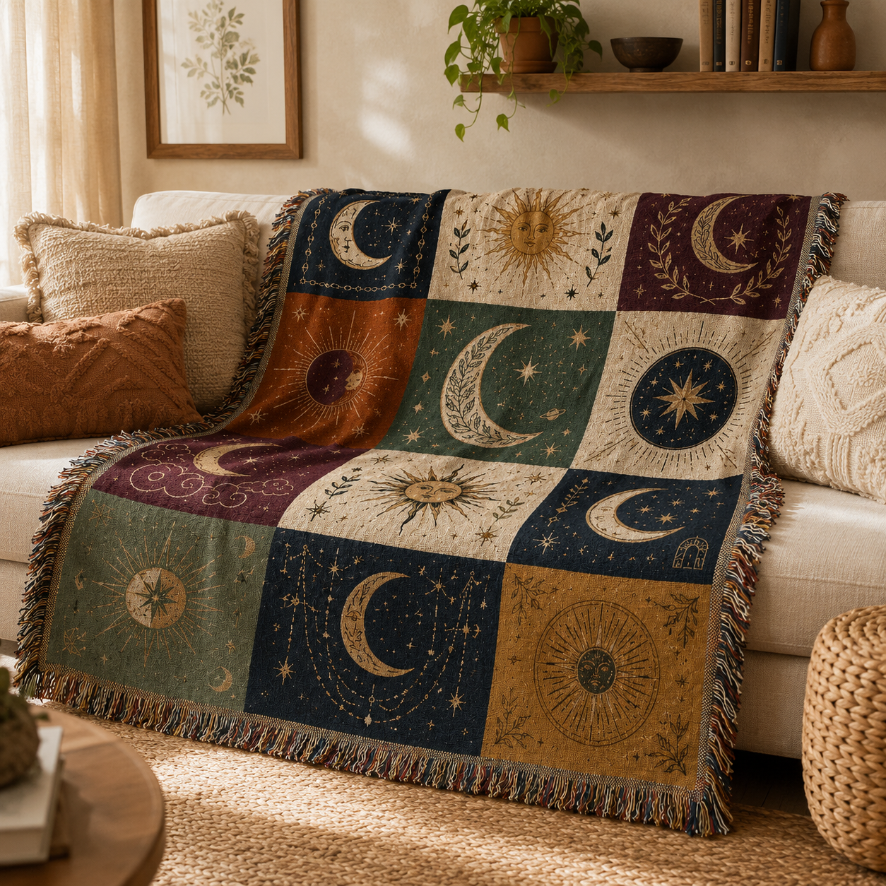Celestial woven blanket styled on a cream sofa in a boho living room