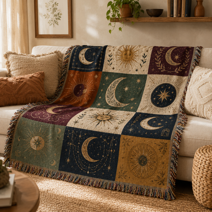 Celestial woven blanket styled on a cream sofa in a boho living room