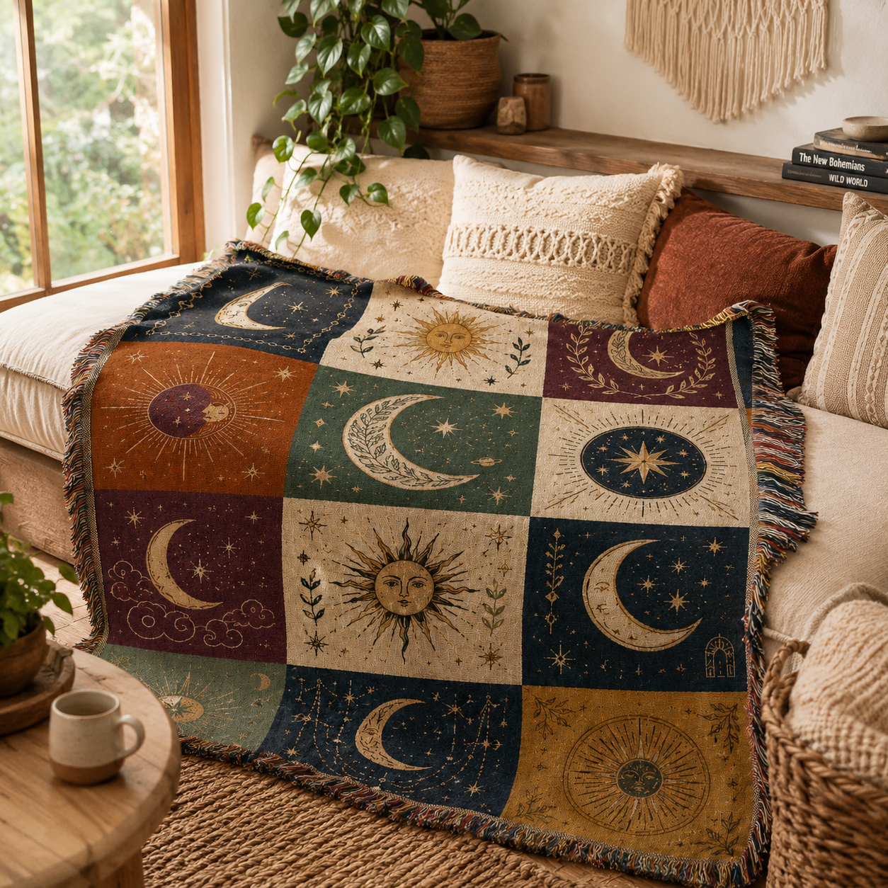 Celestial woven blanket styled in a sunlit bohemian window nook