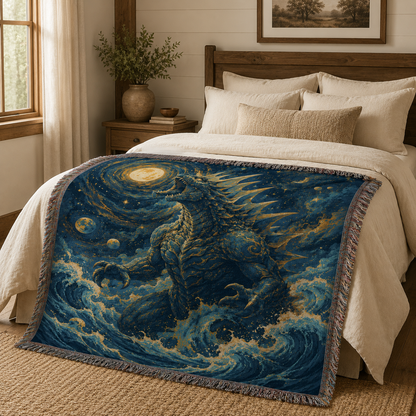 Celestial Sea Titan woven blanket styled across a neutral rustic bedroom bed
