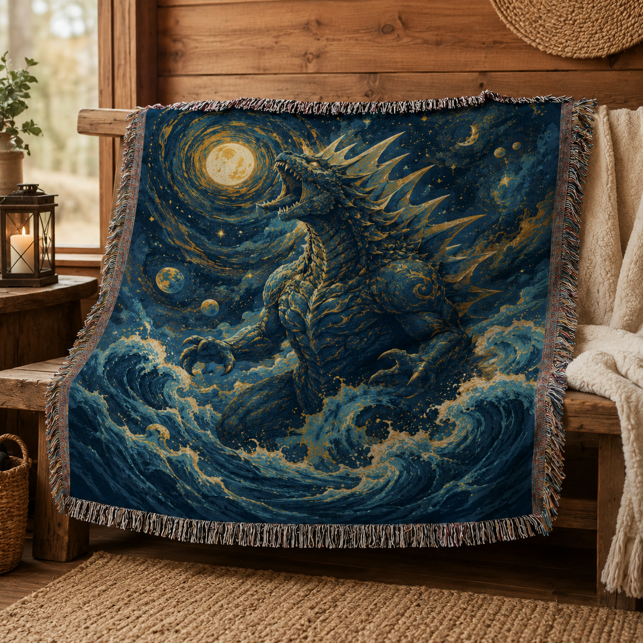 Celestial Sea Titan woven blanket draped over a rustic cabin bench with cozy decor