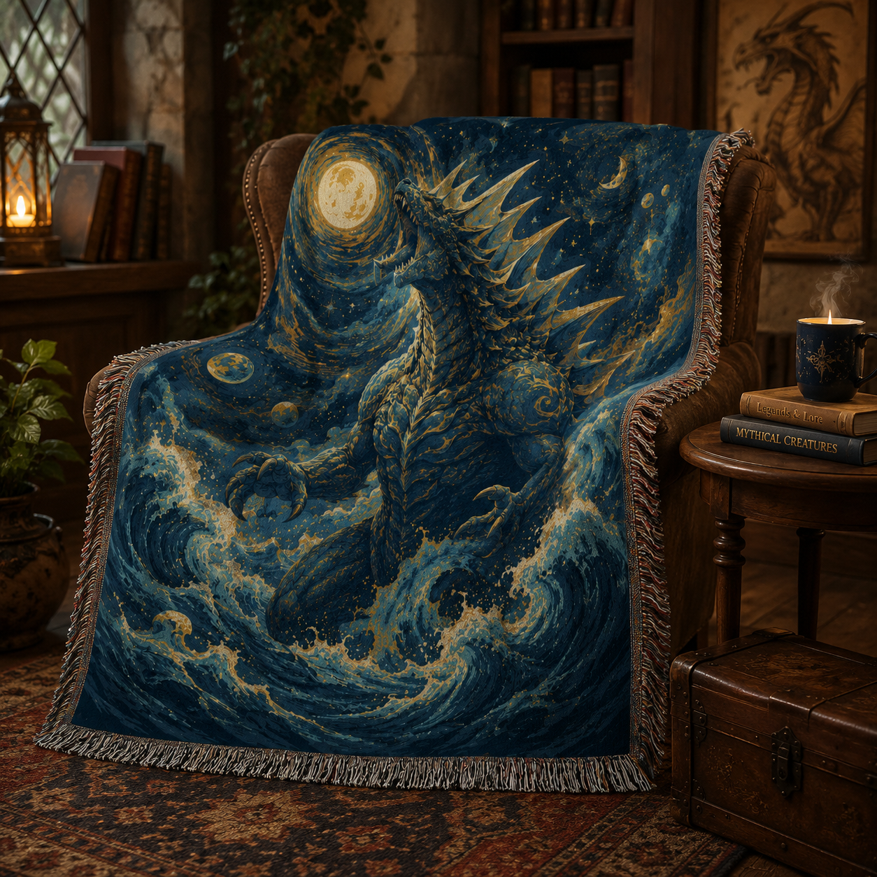 Celestial Sea Titan woven blanket draped over a fantasy inspired reading chair