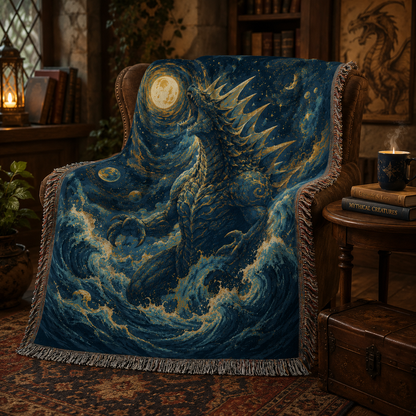 Celestial Sea Titan woven blanket draped over a fantasy inspired reading chair