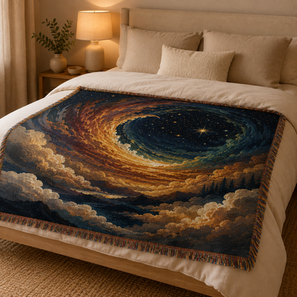 Celestial spiral sky woven blanket styled across a cozy neutral bedroom