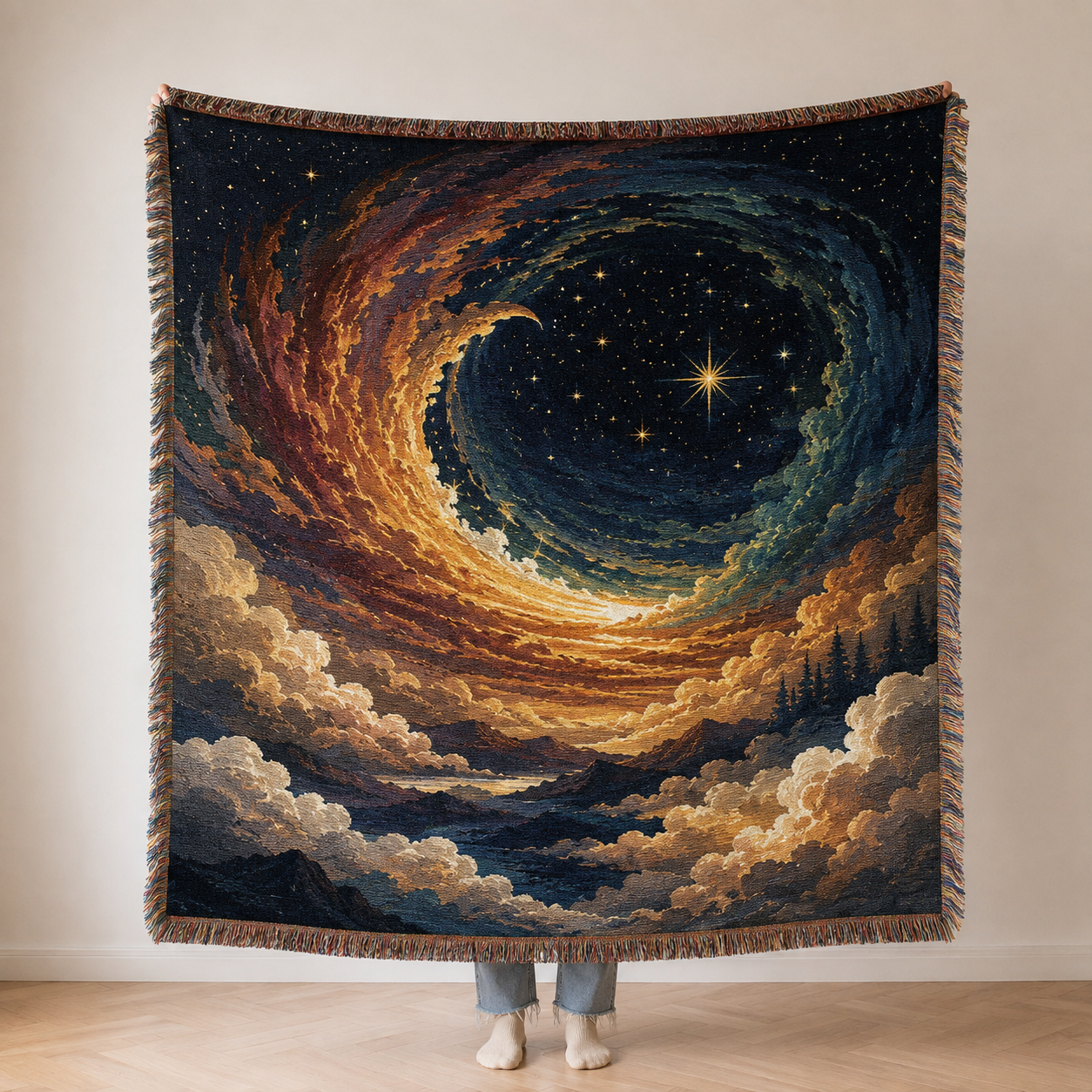 Celestial spiral sky woven blanket shown full front with stars, glowing clouds and fringe