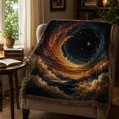 Celestial spiral sky woven blanket displayed on an armchair in a cozy reading nook