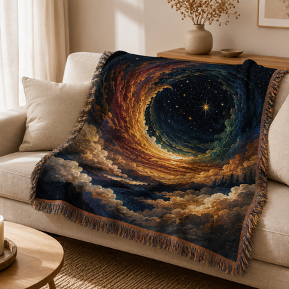 Celestial spiral sky woven blanket draped over a neutral sofa in a warm living room